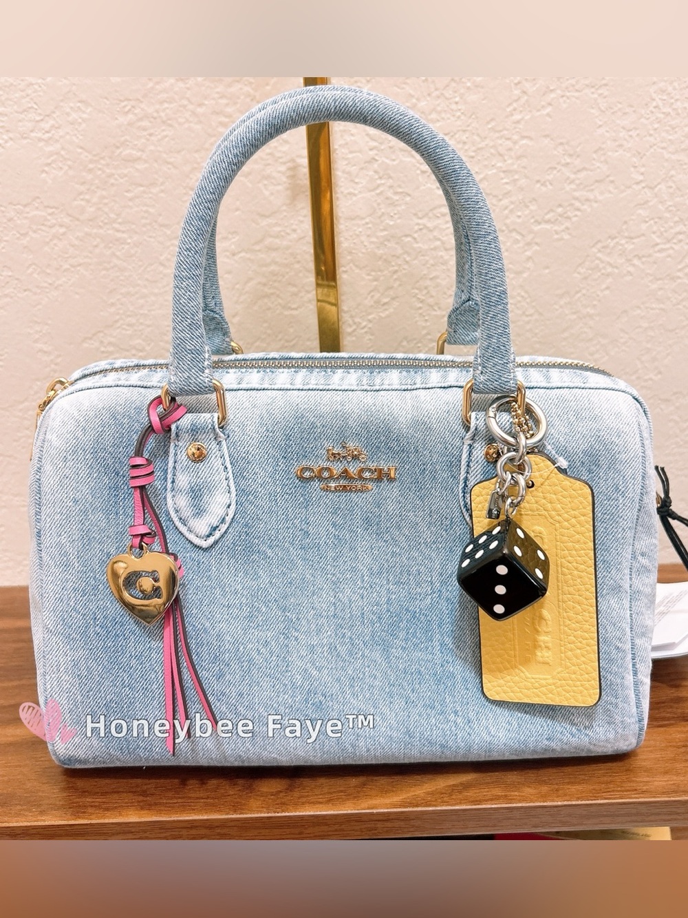 NWT Coach CDY74 Rowan Satchel Bag In Loved Denim With Charms Gold/Light Indigo